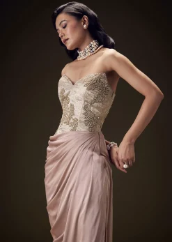 Blush Peach Embroidered Brocade Corset Gown With Drape And Side Slit