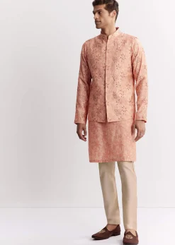 Blush Peach Silk Kurta Jacket Set With Sequins And Moti Detailing