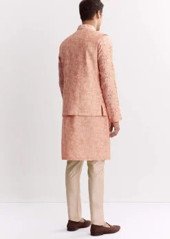 Blush Peach Silk Kurta Jacket Set With Sequins And Moti Detailing