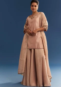Blush Pink Chanderi Kurta Palazzo Set With Organza Dupatta