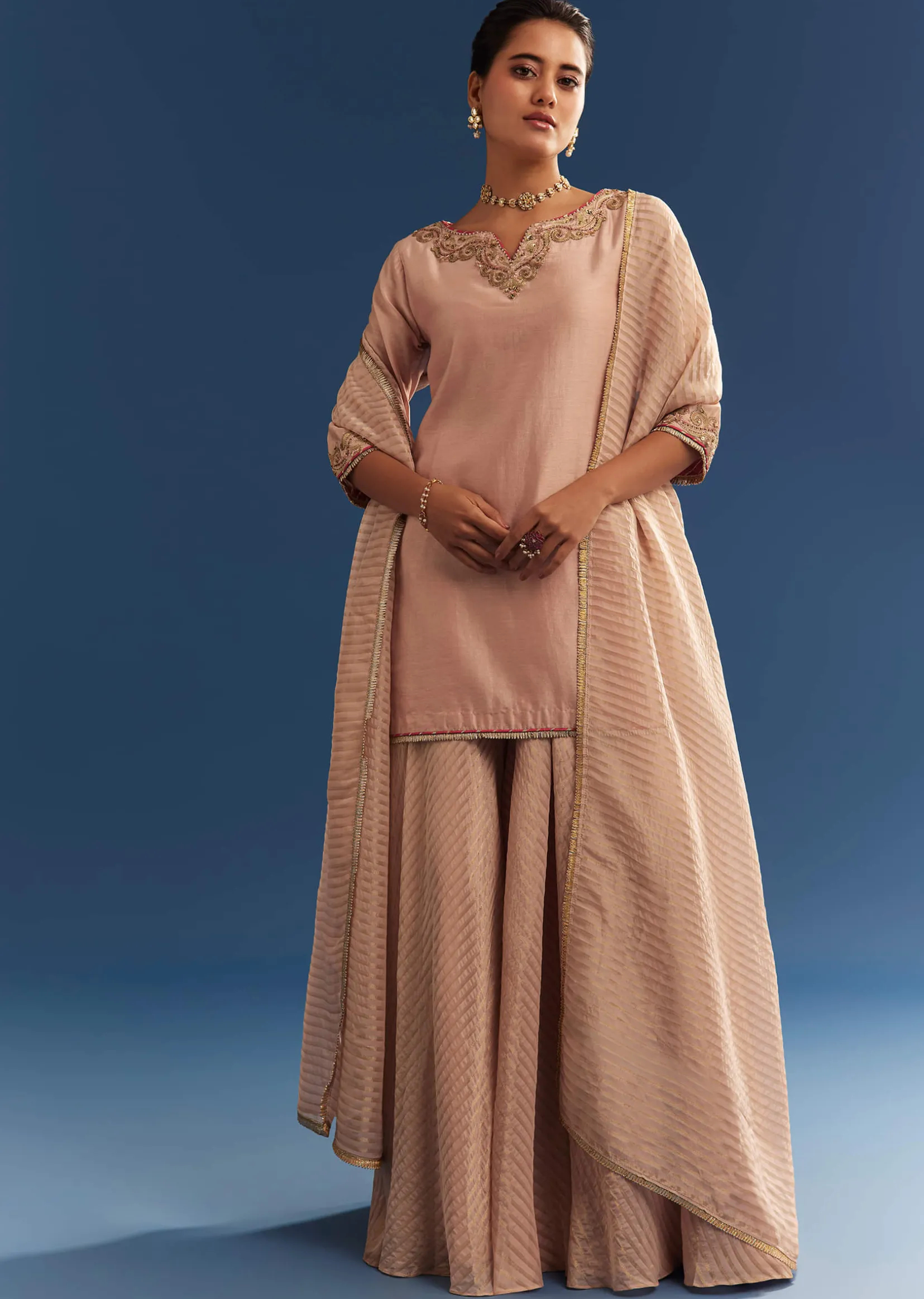 Blush Pink Chanderi Kurta Palazzo Set With Organza Dupatta