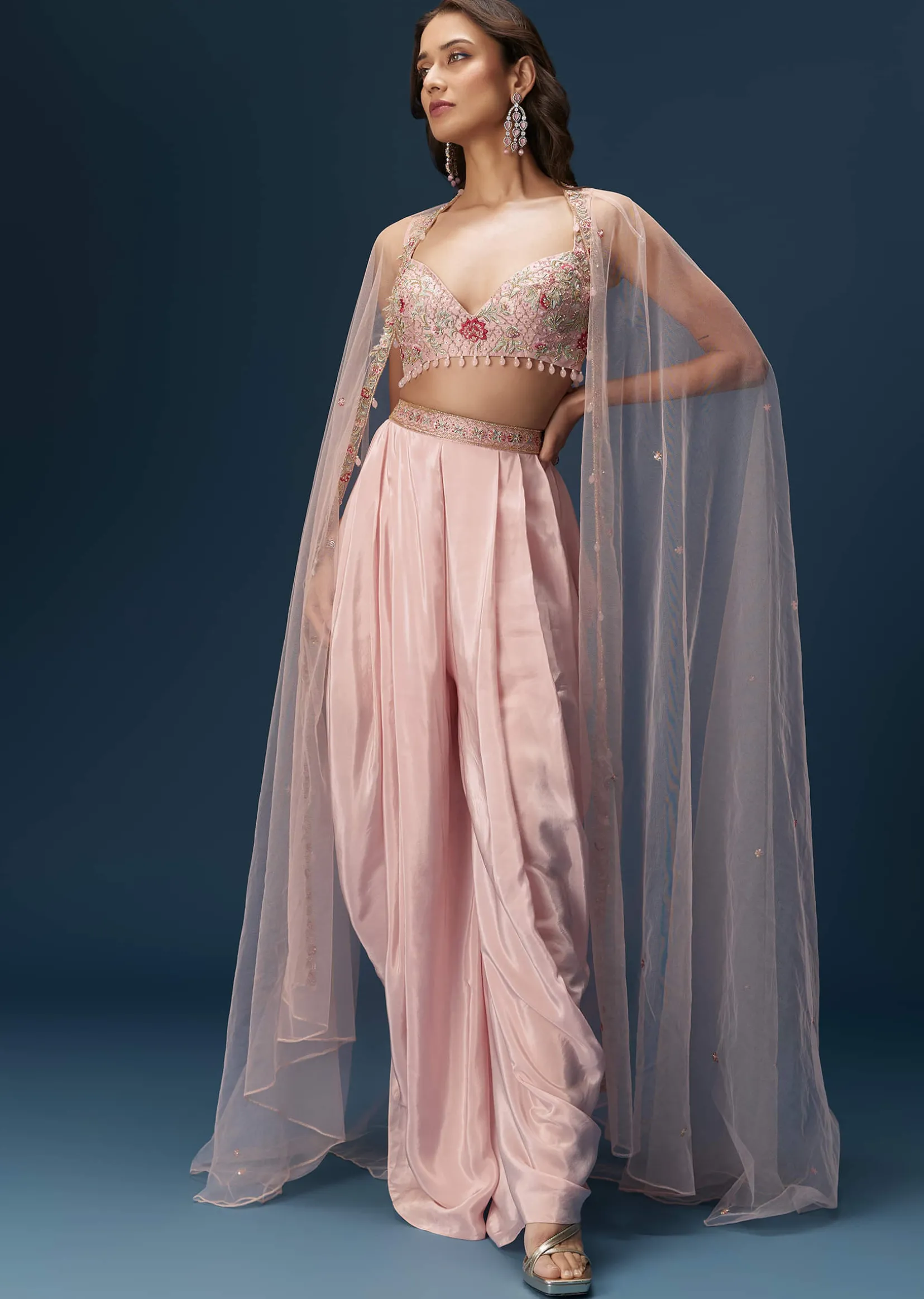 Blush Pink Dhoti Set With Embroidered Blouse And Soft Dupatta