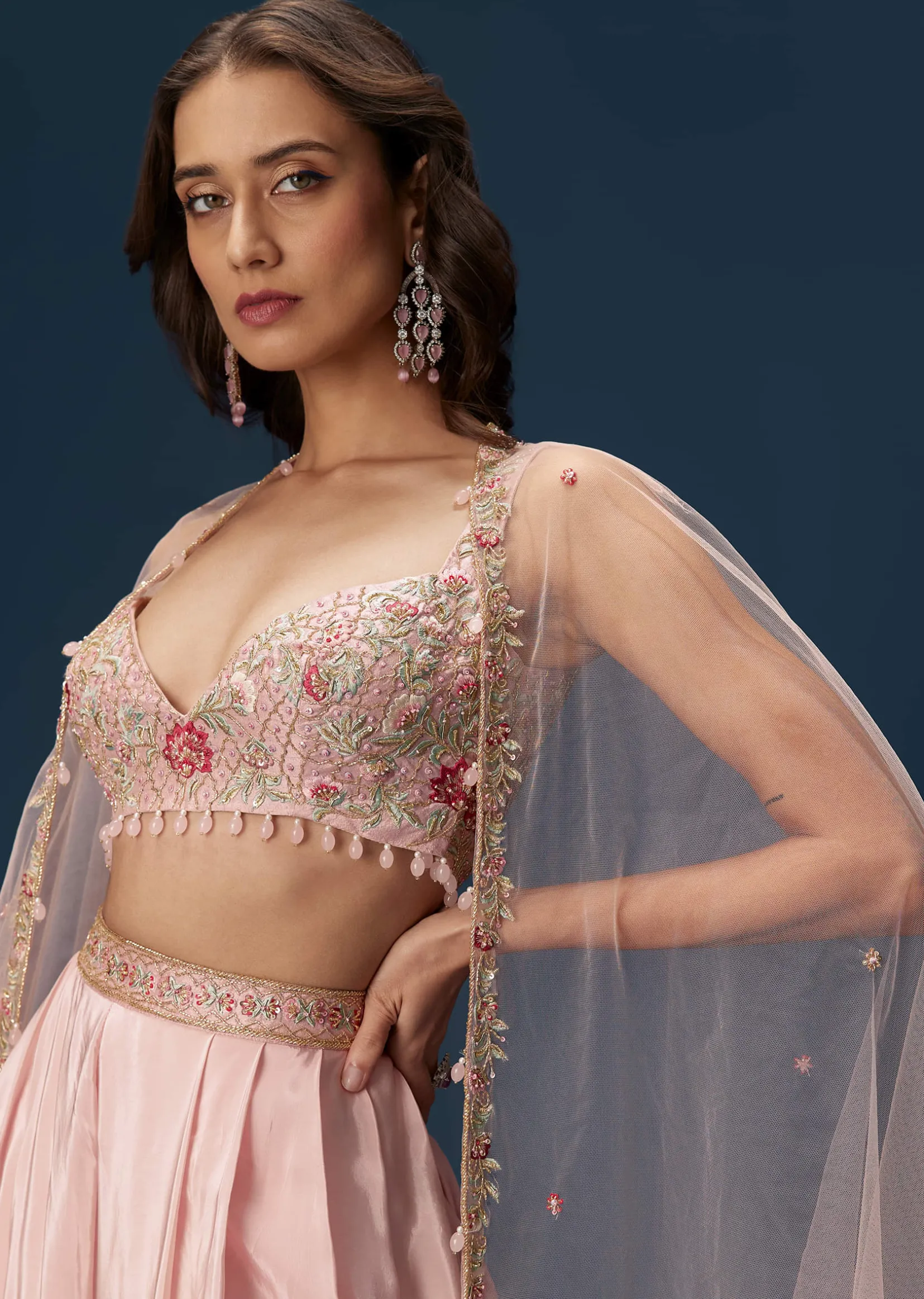 Blush Pink Dhoti Set With Embroidered Blouse And Soft Dupatta
