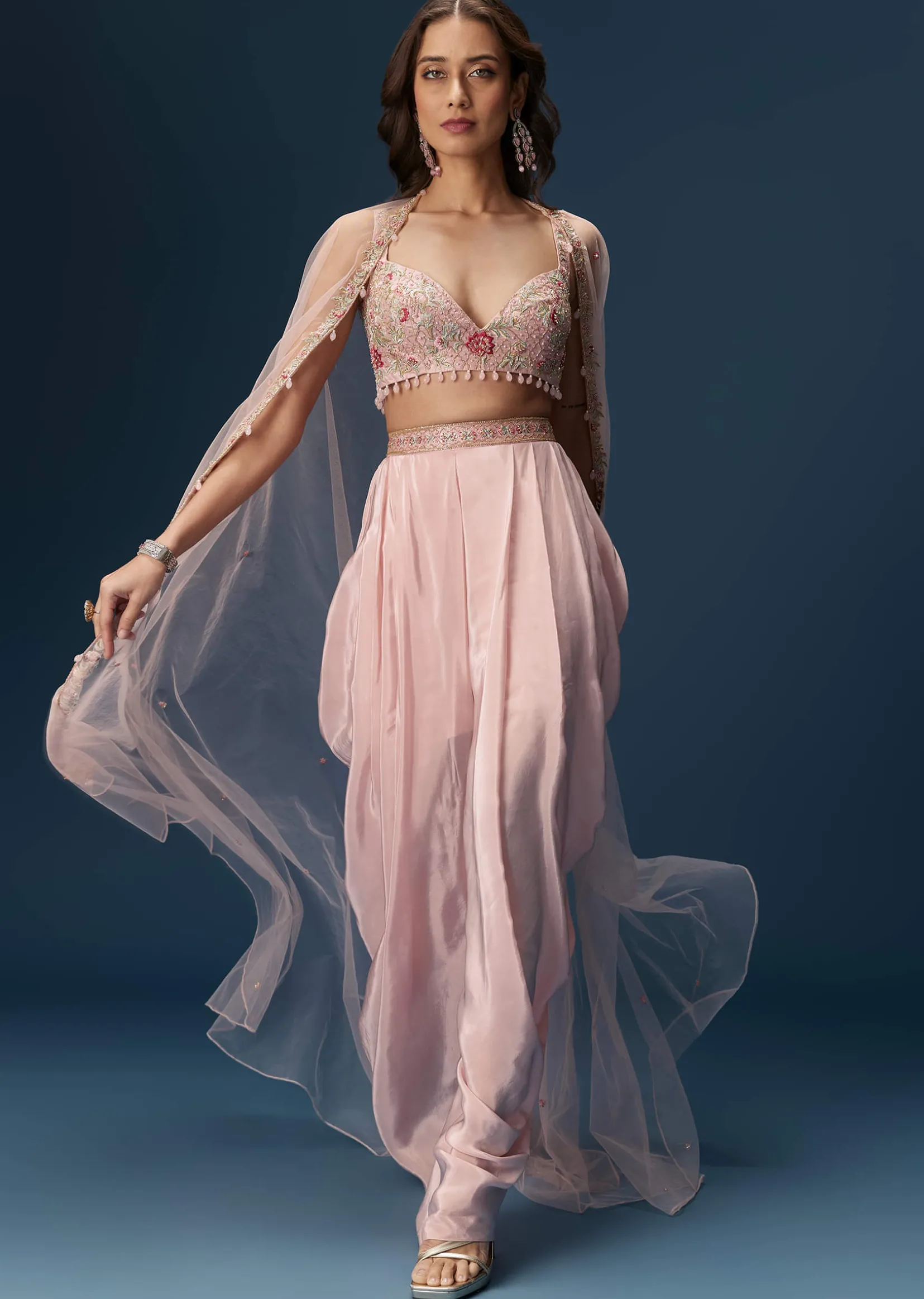 Blush Pink Dhoti Set With Embroidered Blouse And Soft Dupatta