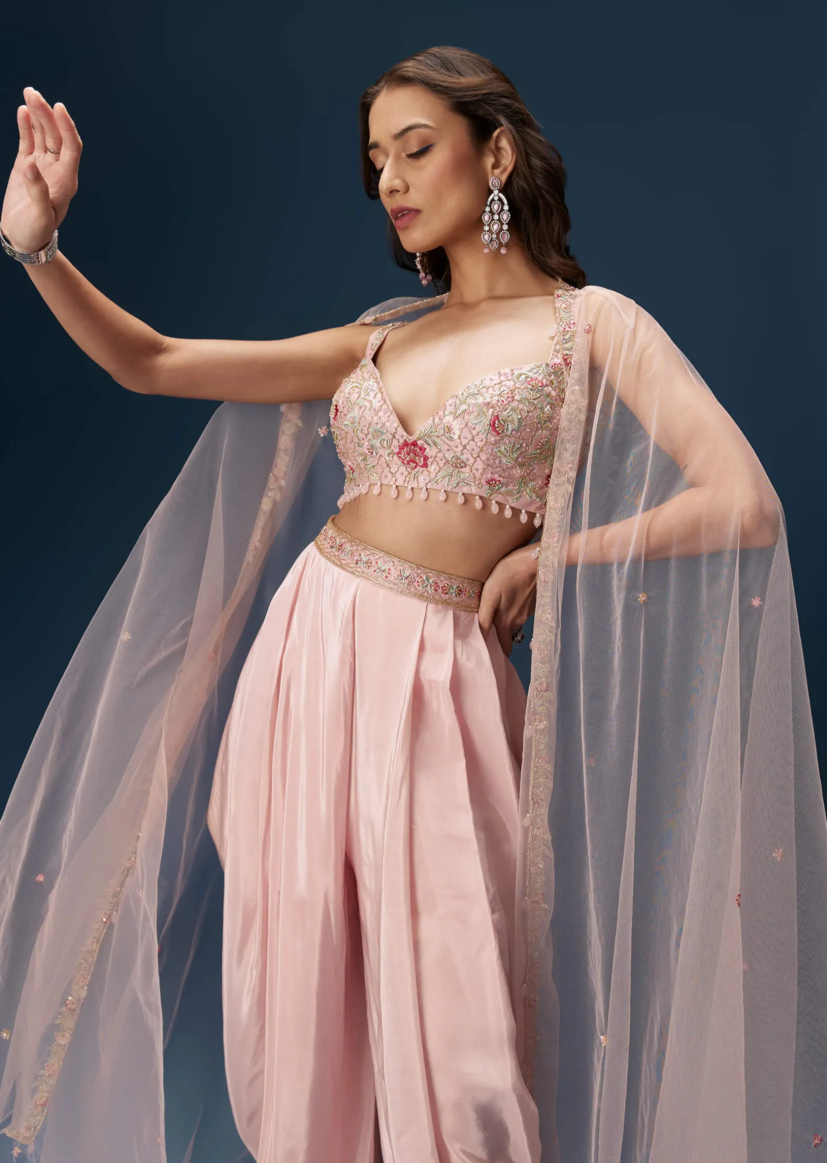 Blush Pink Dhoti Set With Embroidered Blouse And Soft Dupatta