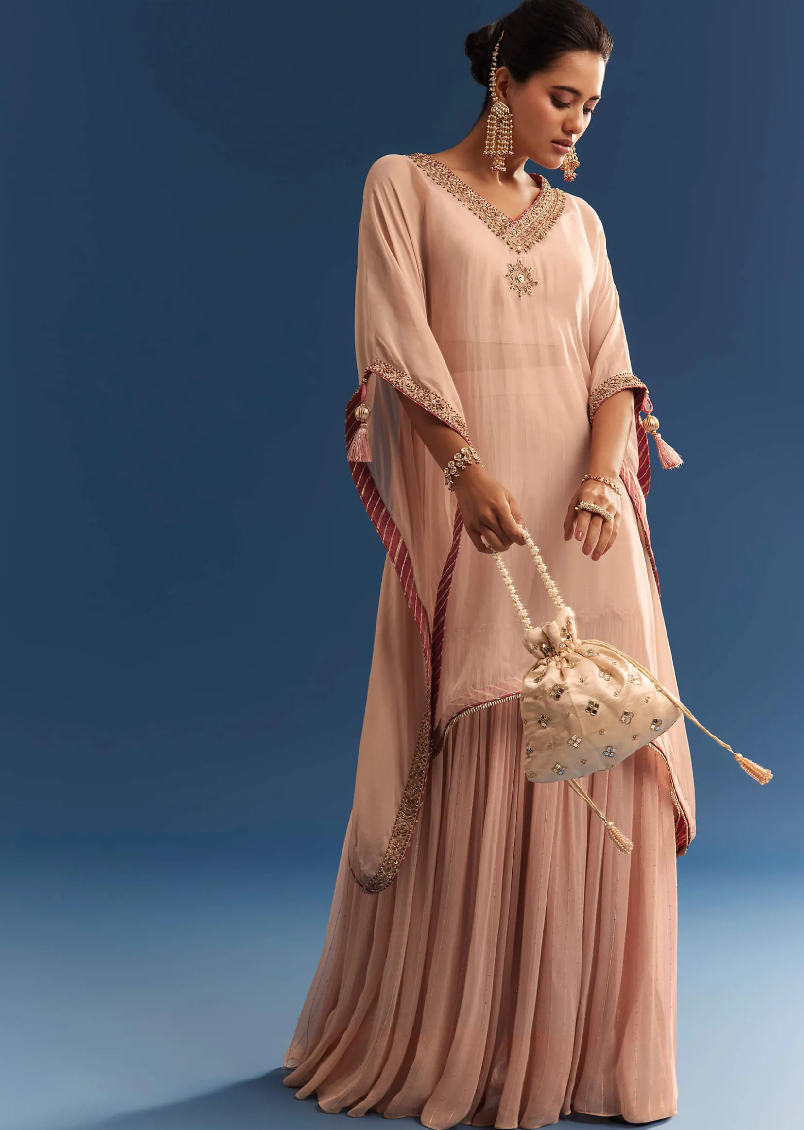 Blush Pink Embroidered Kaftan Sharara Set In Organza