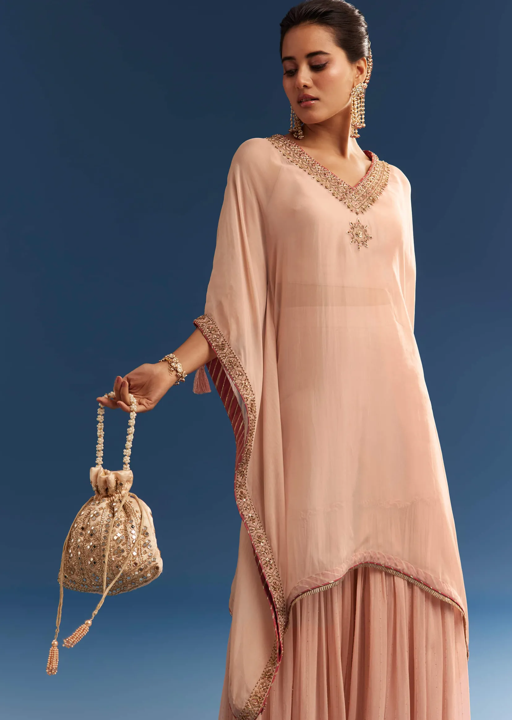Blush Pink Embroidered Kaftan Sharara Set In Organza