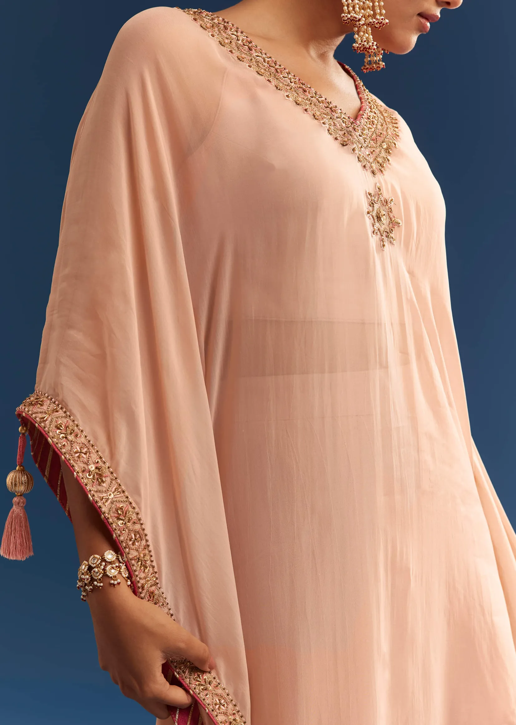 Blush Pink Embroidered Kaftan Sharara Set In Organza