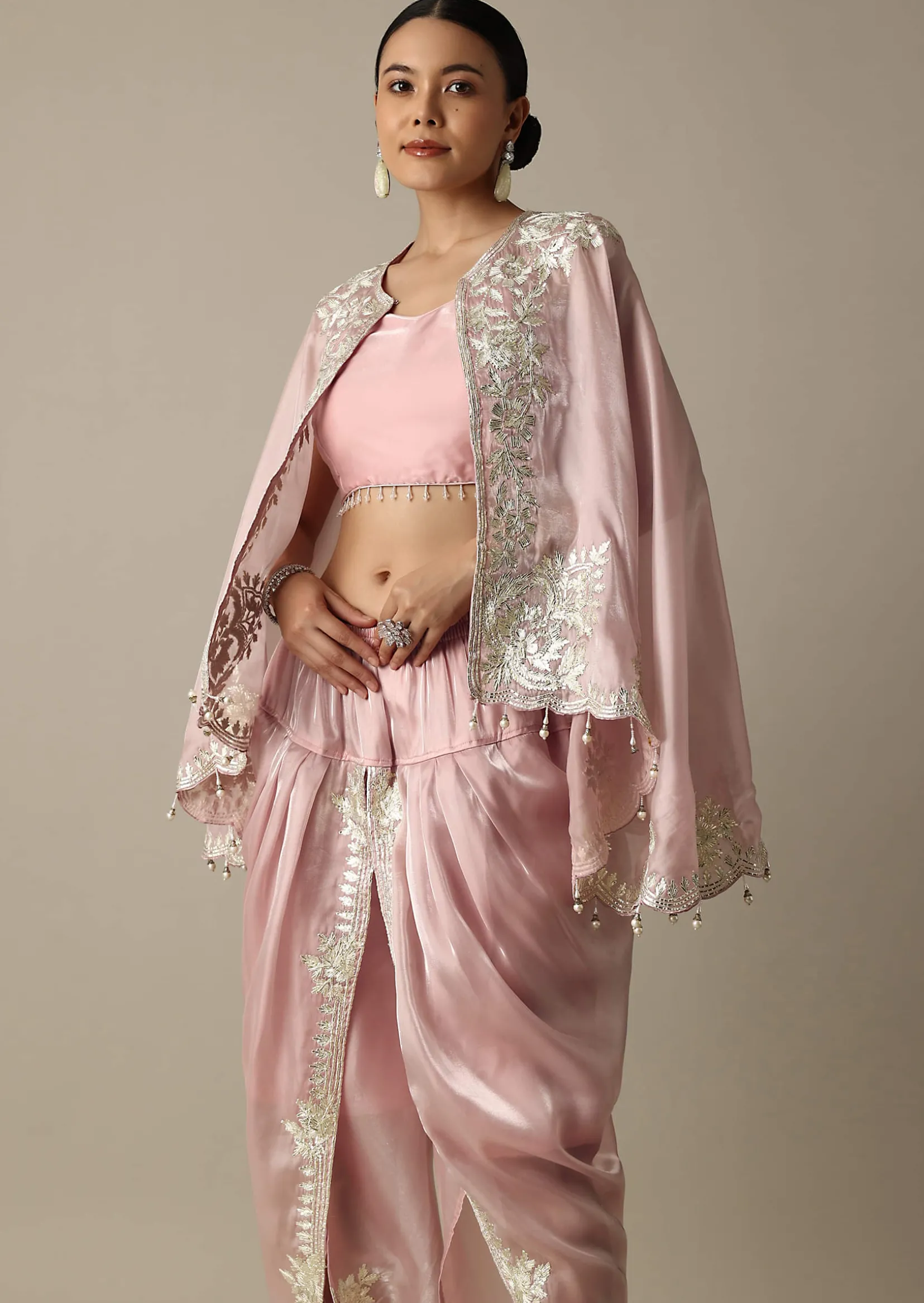 Blush Pink Organza Gotta Patti Work Dhoti Set