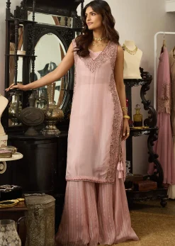 Blush Pink Organza Palazzo Set With Embroidered Kurta