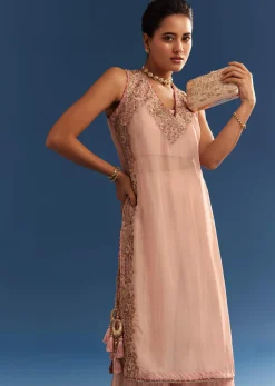 Blush Pink Organza Palazzo Set With Embroidered Kurta