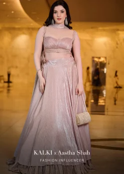 Blush Pink Pre-Pleated Frill Lehenga With TieUp Blouse And Choker Dupatta