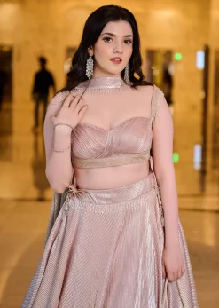 Blush Pink Pre-Pleated Frill Lehenga With TieUp Blouse And Choker Dupatta