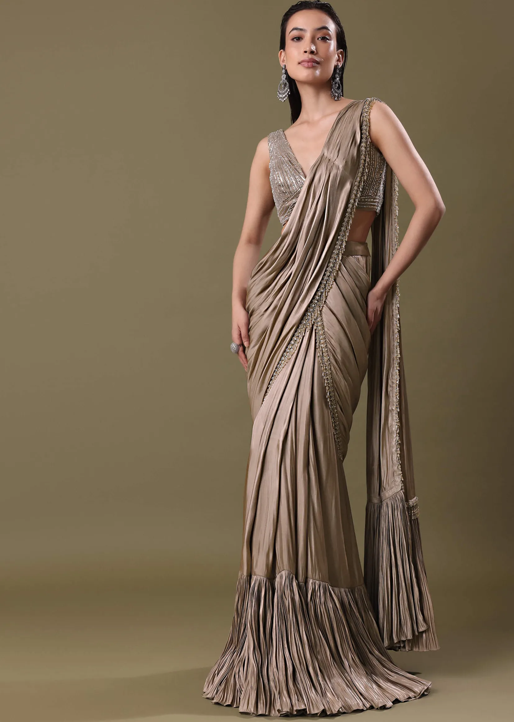 Blush Pink Pre-Stitched Frill Saree With Sequin Blouse