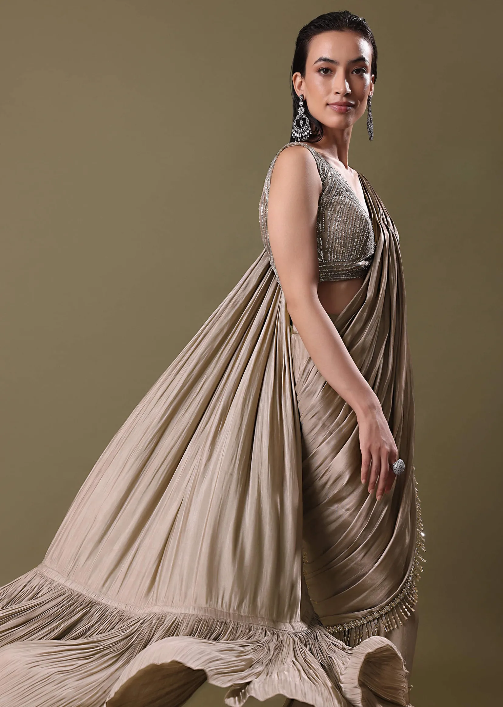 Blush Pink Pre-Stitched Frill Saree With Sequin Blouse