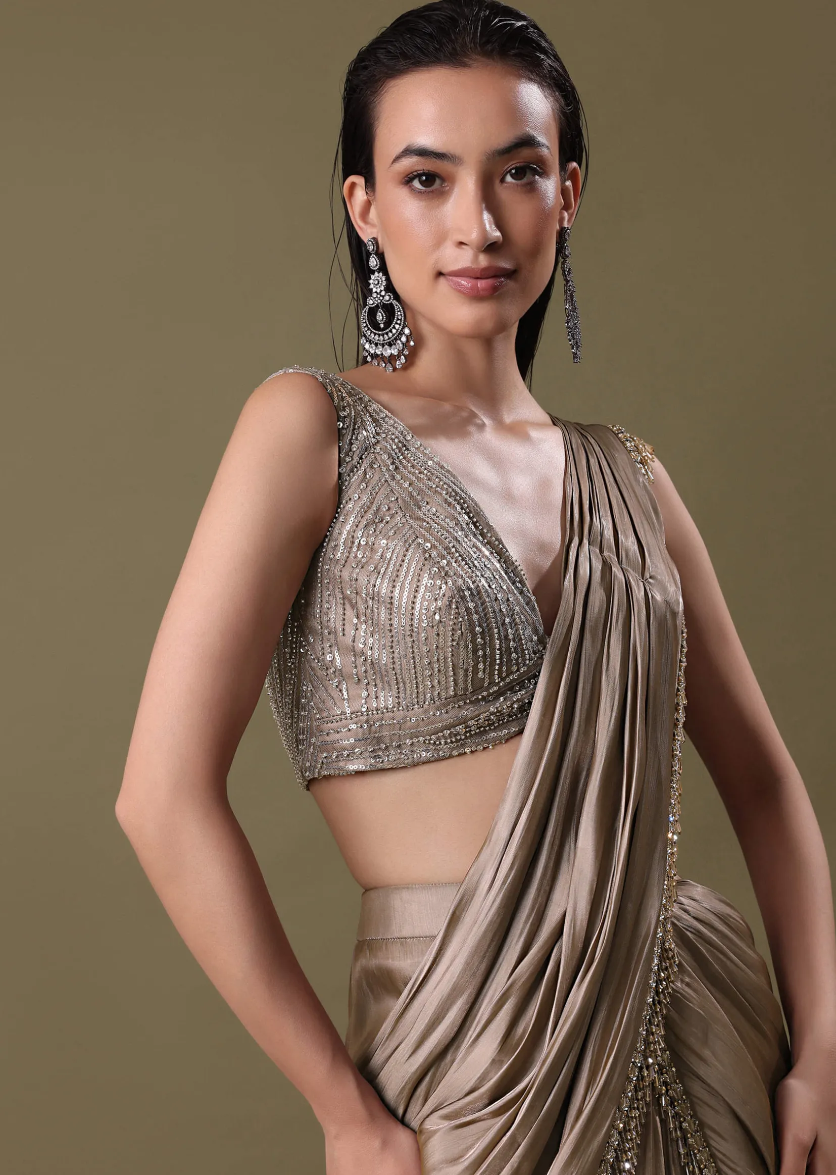 Blush Pink Pre-Stitched Frill Saree With Sequin Blouse