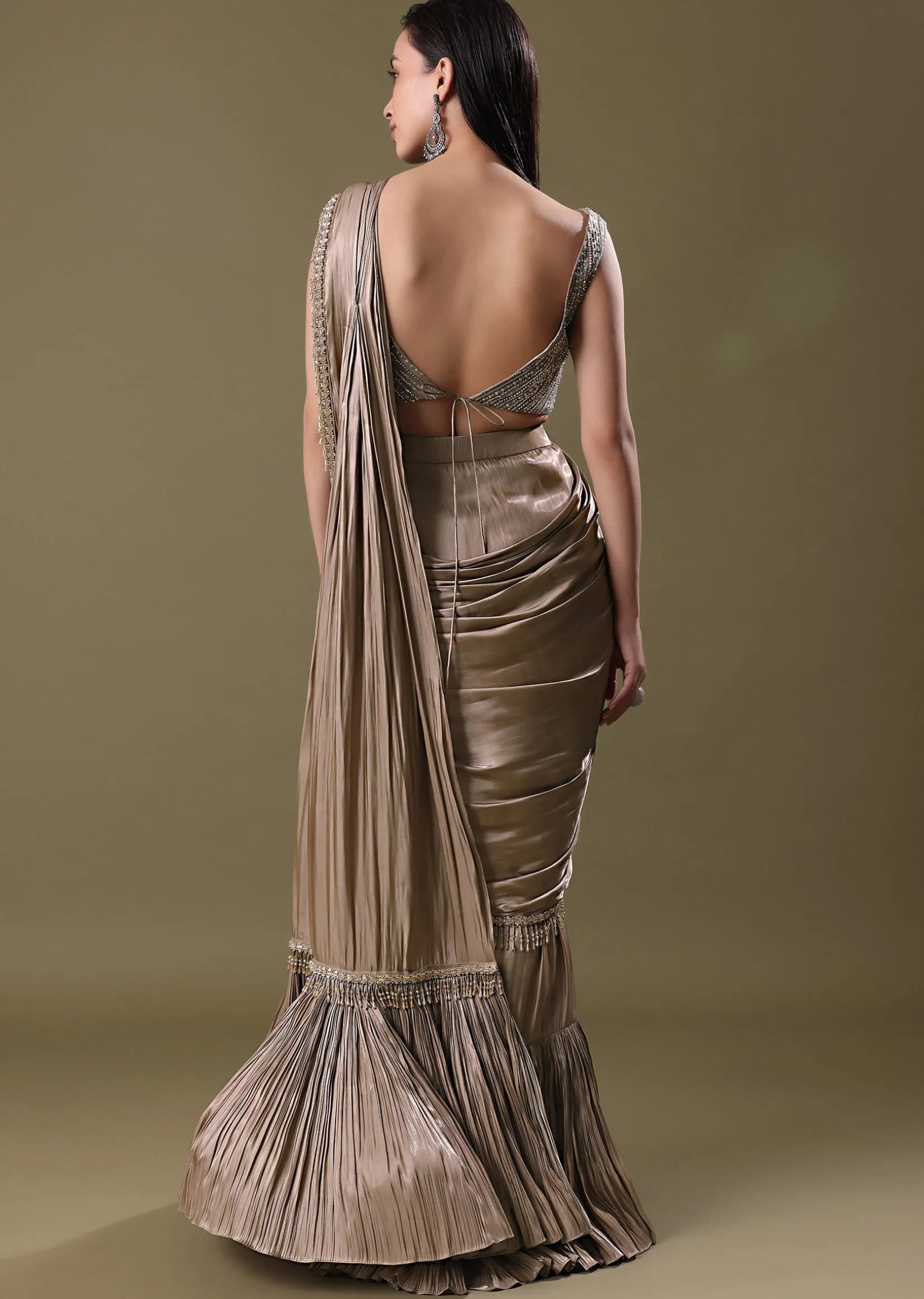 Blush Pink Pre-Stitched Frill Saree With Sequin Blouse