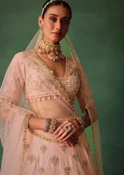 Blush Pink Raw Silk Zardosi Embroidered Bridal Lehenga Set