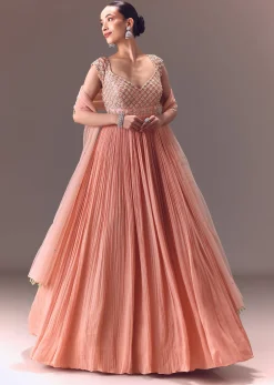 Blush Pink Ruched Anarkali Gown With Dupatta