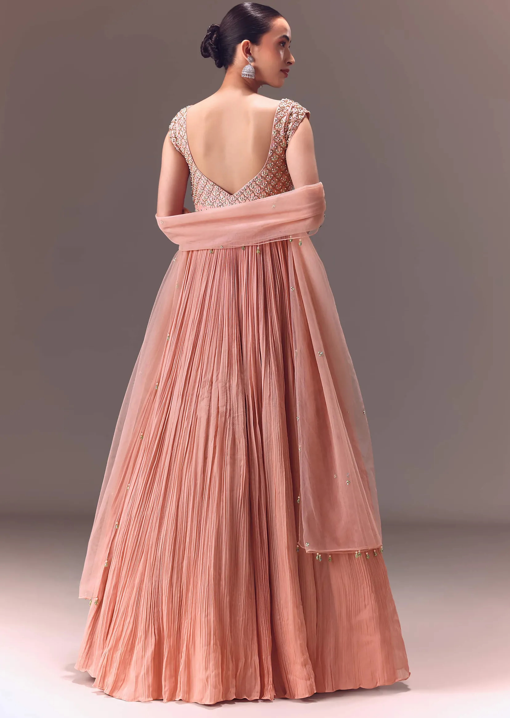 Blush Pink Ruched Anarkali Gown With Dupatta