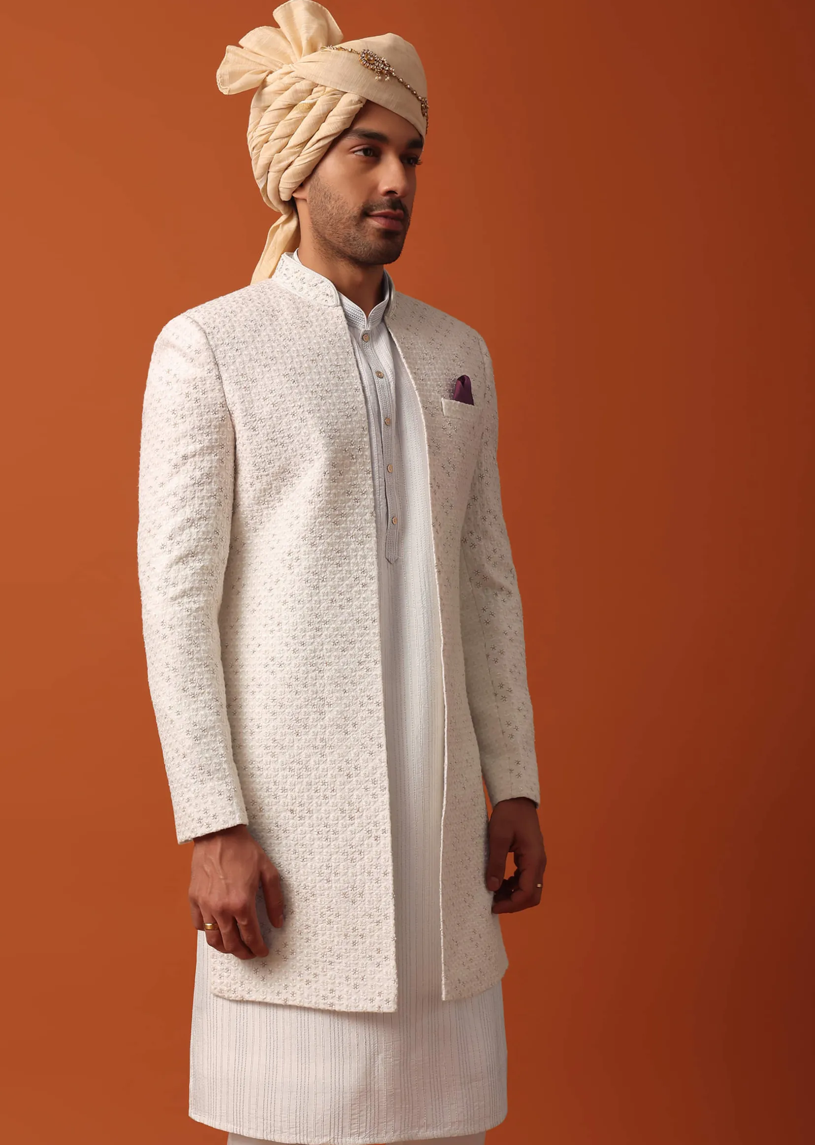 Blush Pink Sherwani Adorned with Intricate Embroidery All Over
