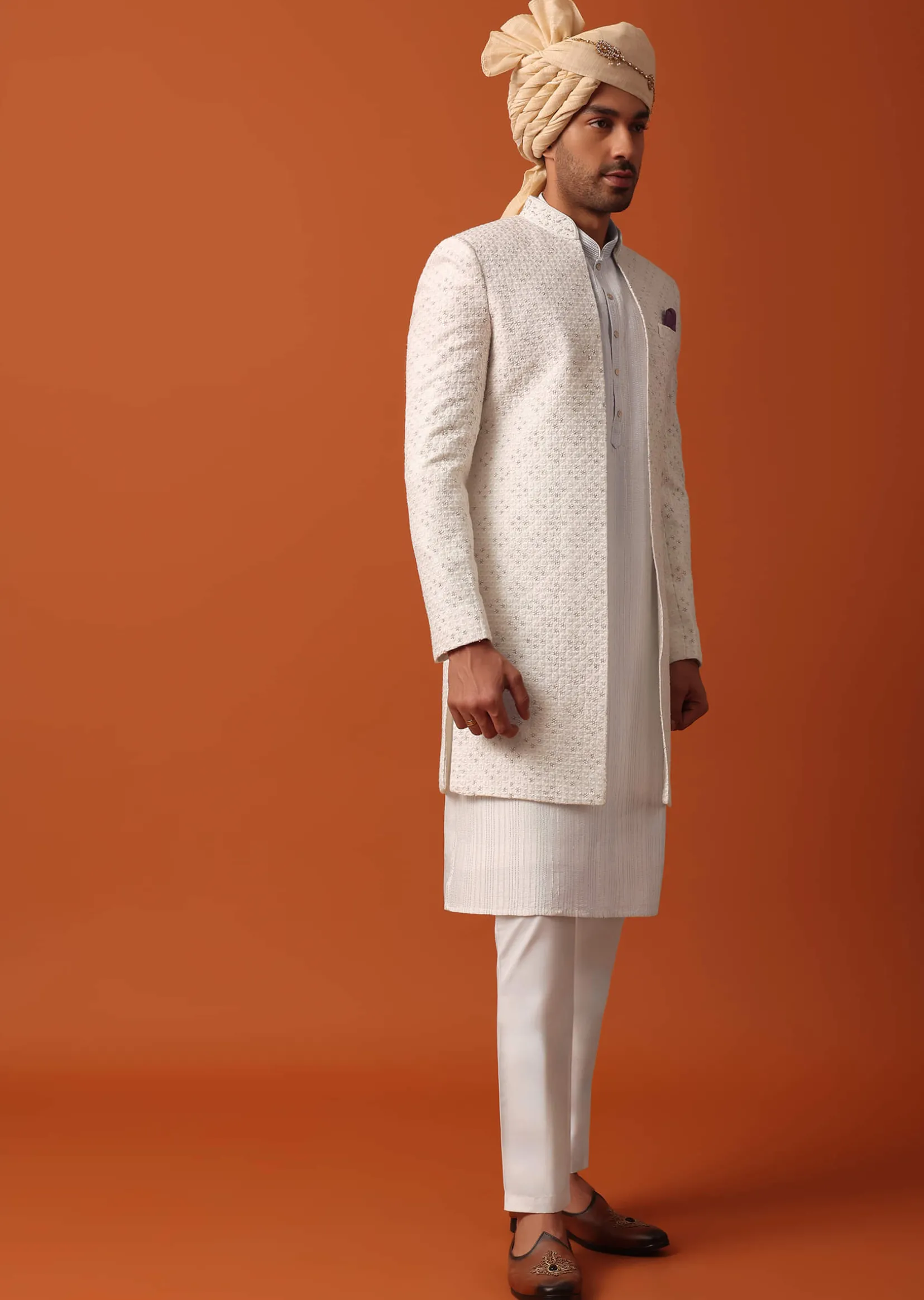Blush Pink Sherwani Adorned with Intricate Embroidery All Over