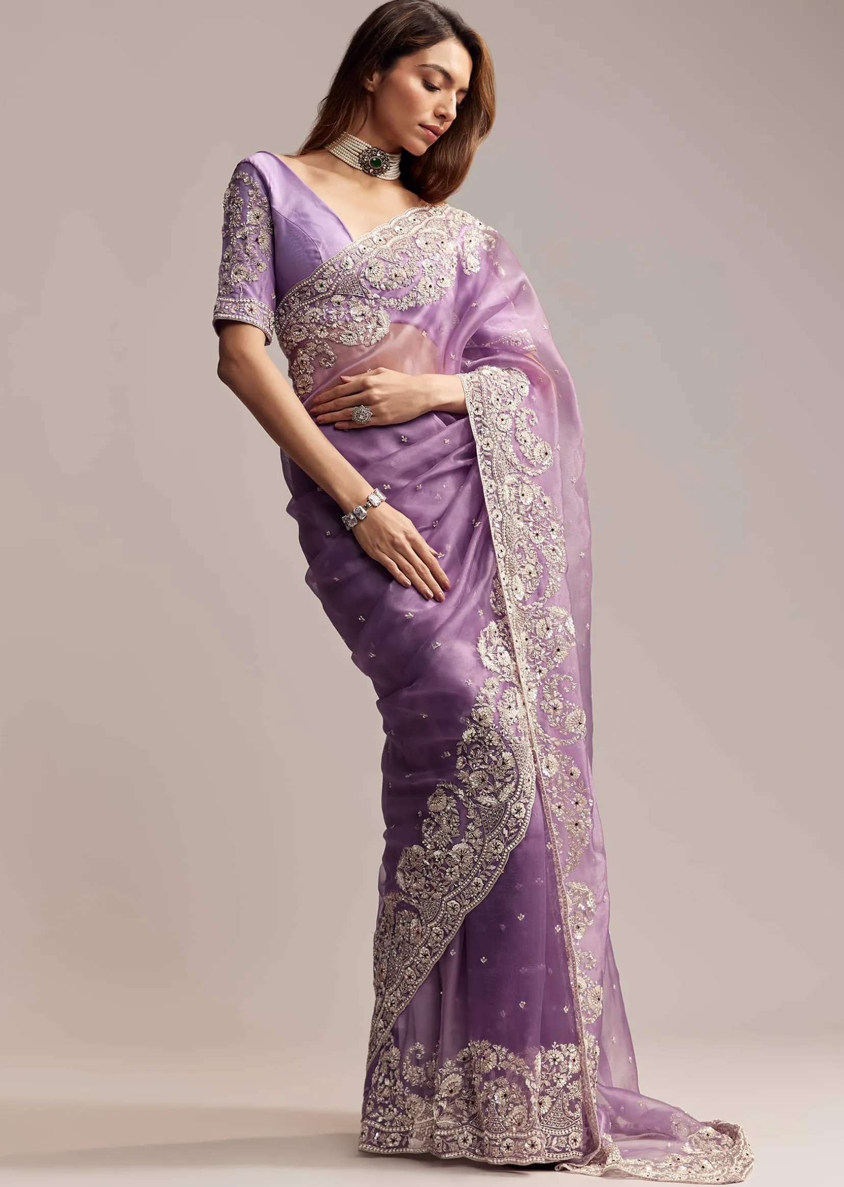 Blush Purple Tissue Saree With Floral Embroidery