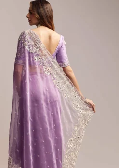 Blush Purple Tissue Saree With Floral Embroidery