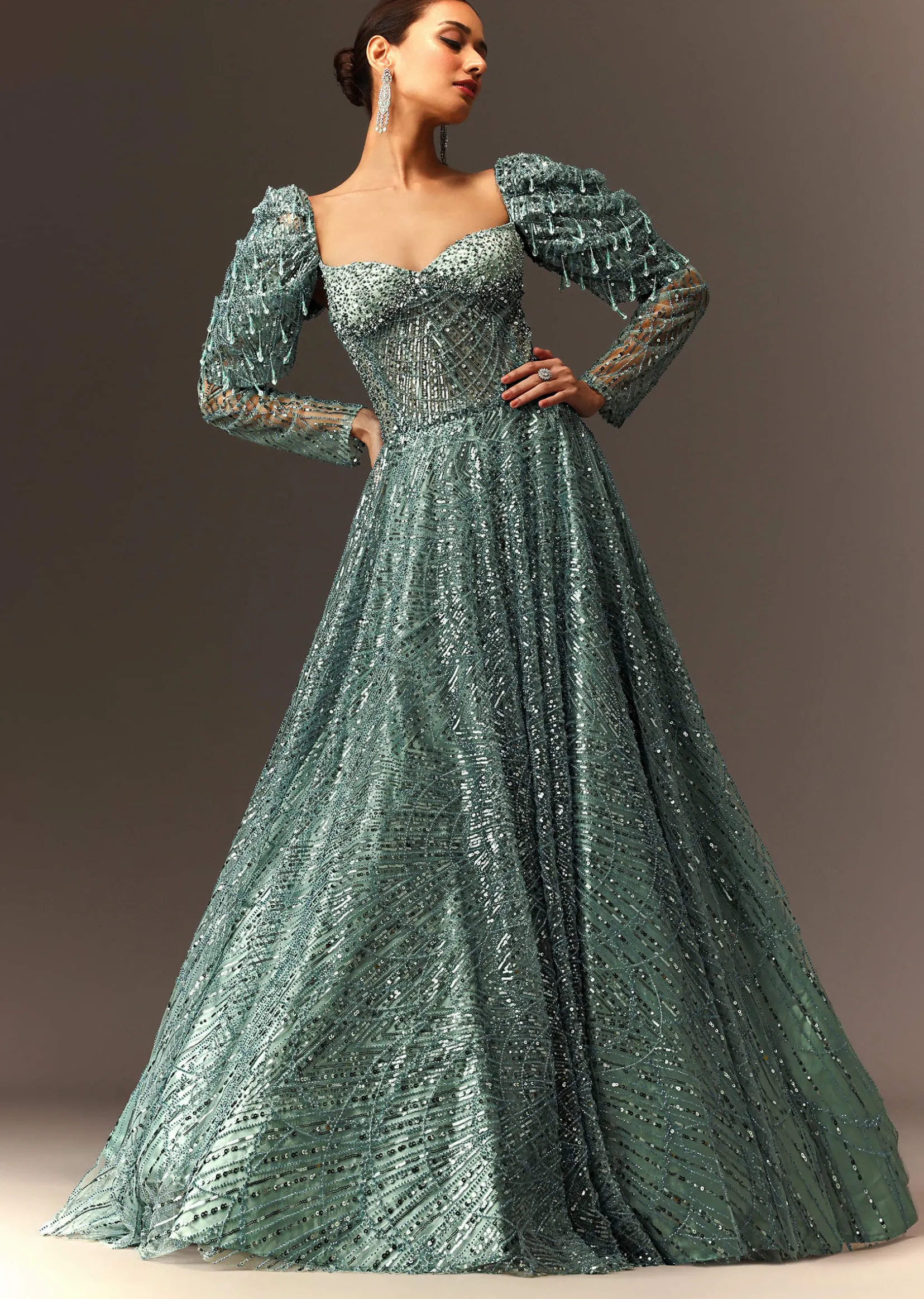 Blusih Grey Sequins Gown With Corset Blouse And Symmetrical Sleeves
