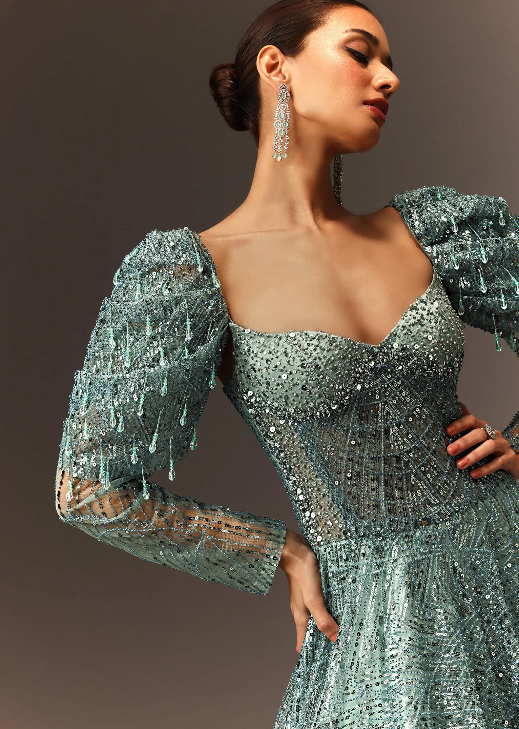 Blusih Grey Sequins Gown With Corset Blouse And Symmetrical Sleeves