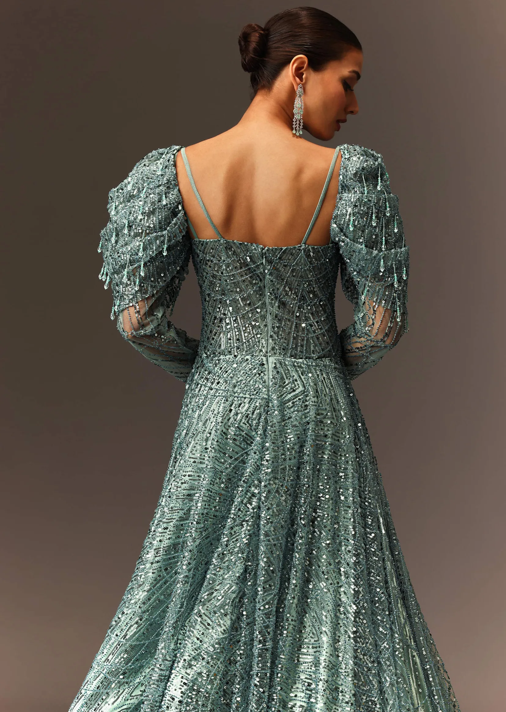 Blusih Grey Sequins Gown With Corset Blouse And Symmetrical Sleeves