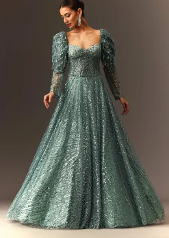 Blusih Grey Sequins Gown With Corset Blouse And Symmetrical Sleeves