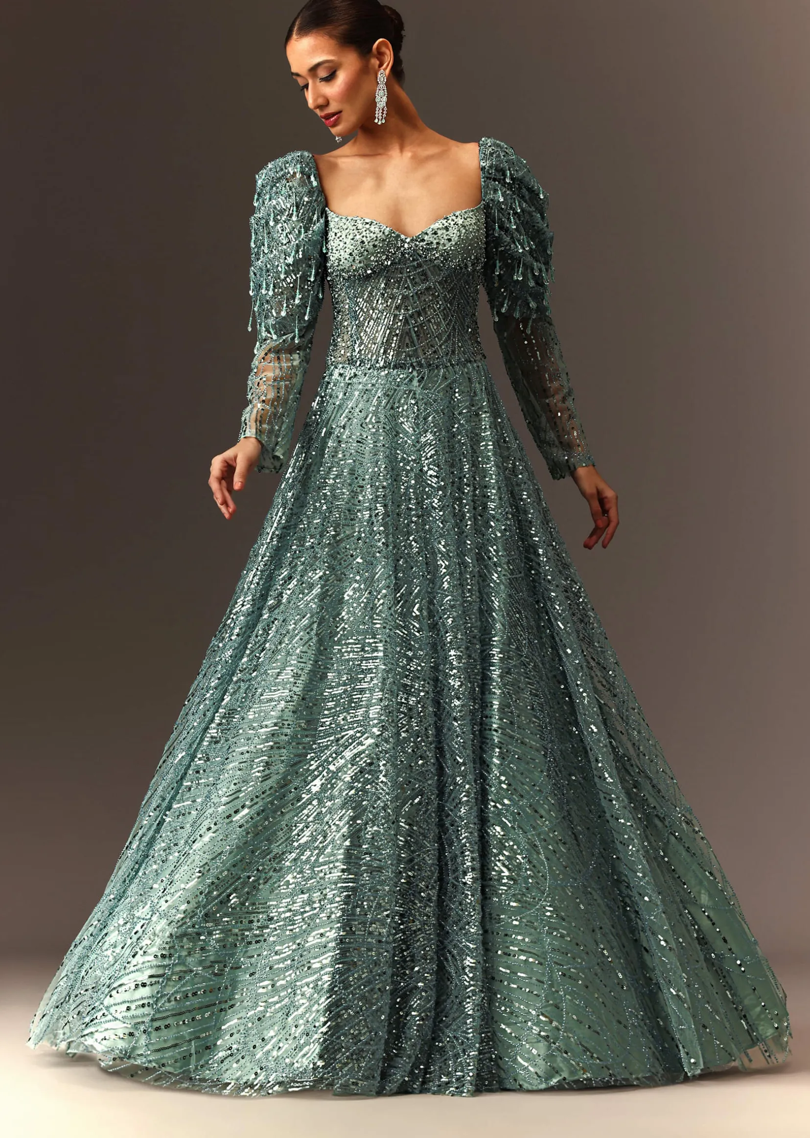 Blusih Grey Sequins Gown With Corset Blouse And Symmetrical Sleeves
