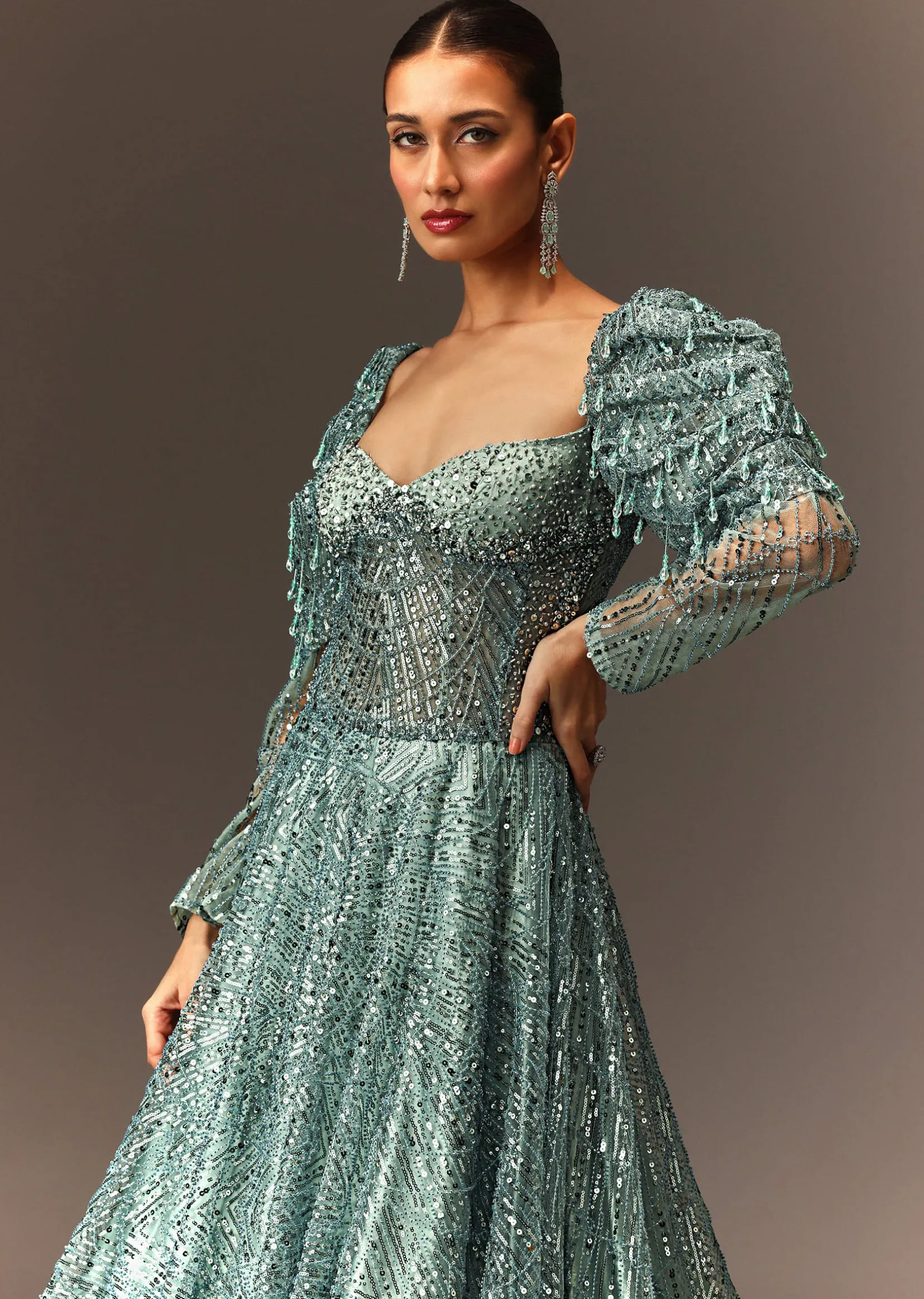 Blusih Grey Sequins Gown With Corset Blouse And Symmetrical Sleeves