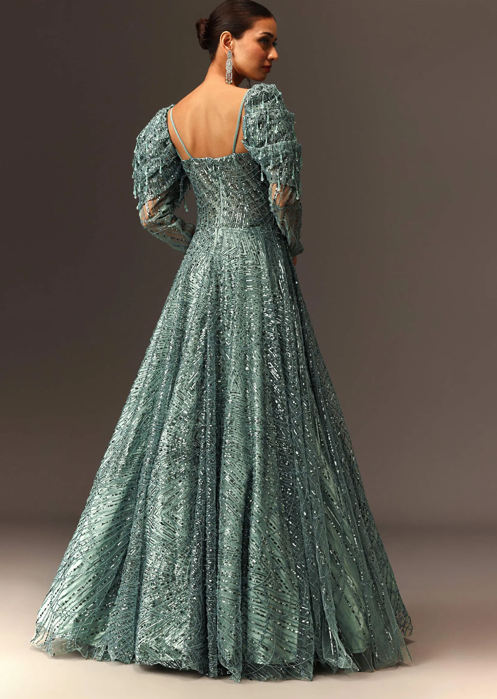 Blusih Grey Sequins Gown With Corset Blouse And Symmetrical Sleeves