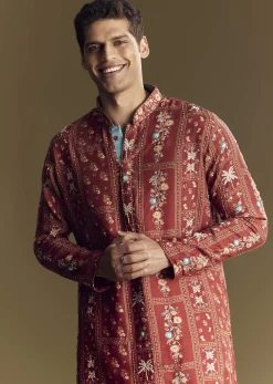 Bold Red Silk Kurta Set With Handcrafted Thread And Sequin Embellishments