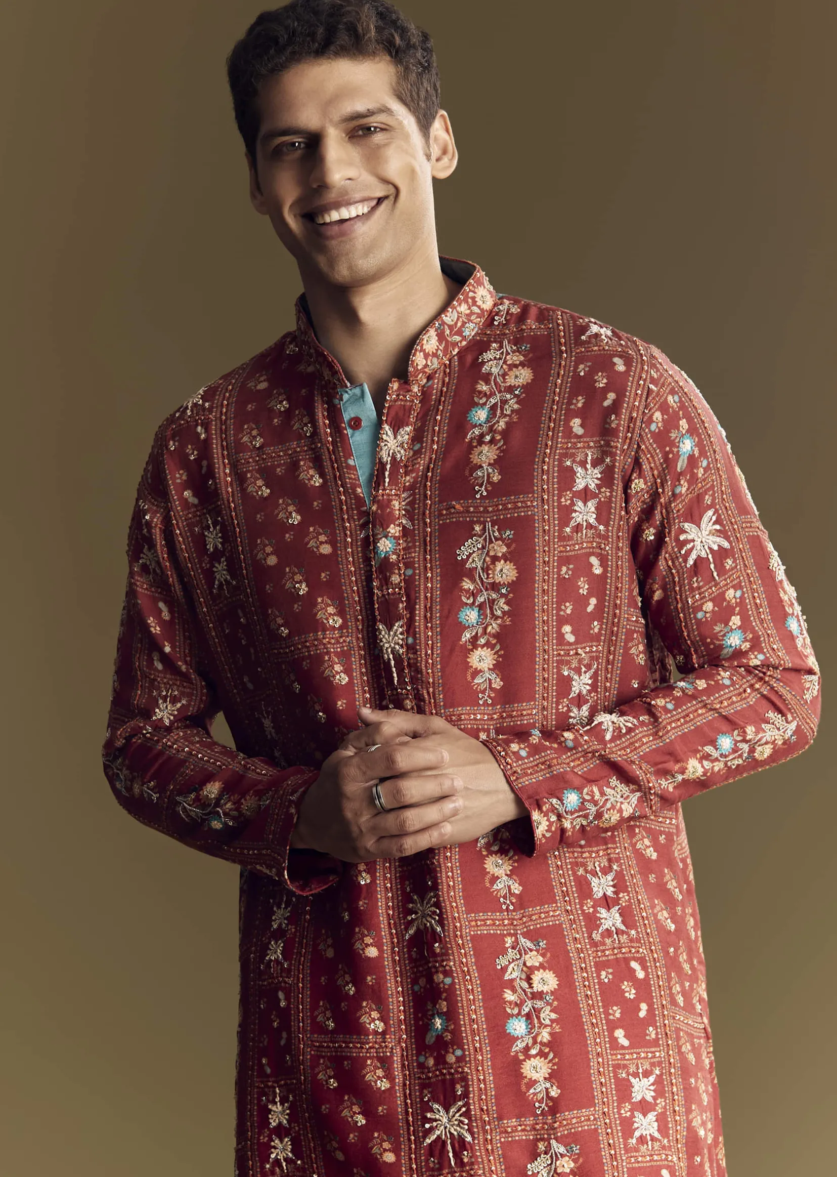 Bold Red Silk Kurta Set With Handcrafted Thread And Sequin Embellishments