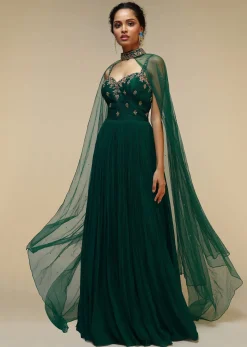 Bottle Green Anarkali Gown With Hand Embroidered Floral Design Using Multi Colored Sequins And Cut Dana Work