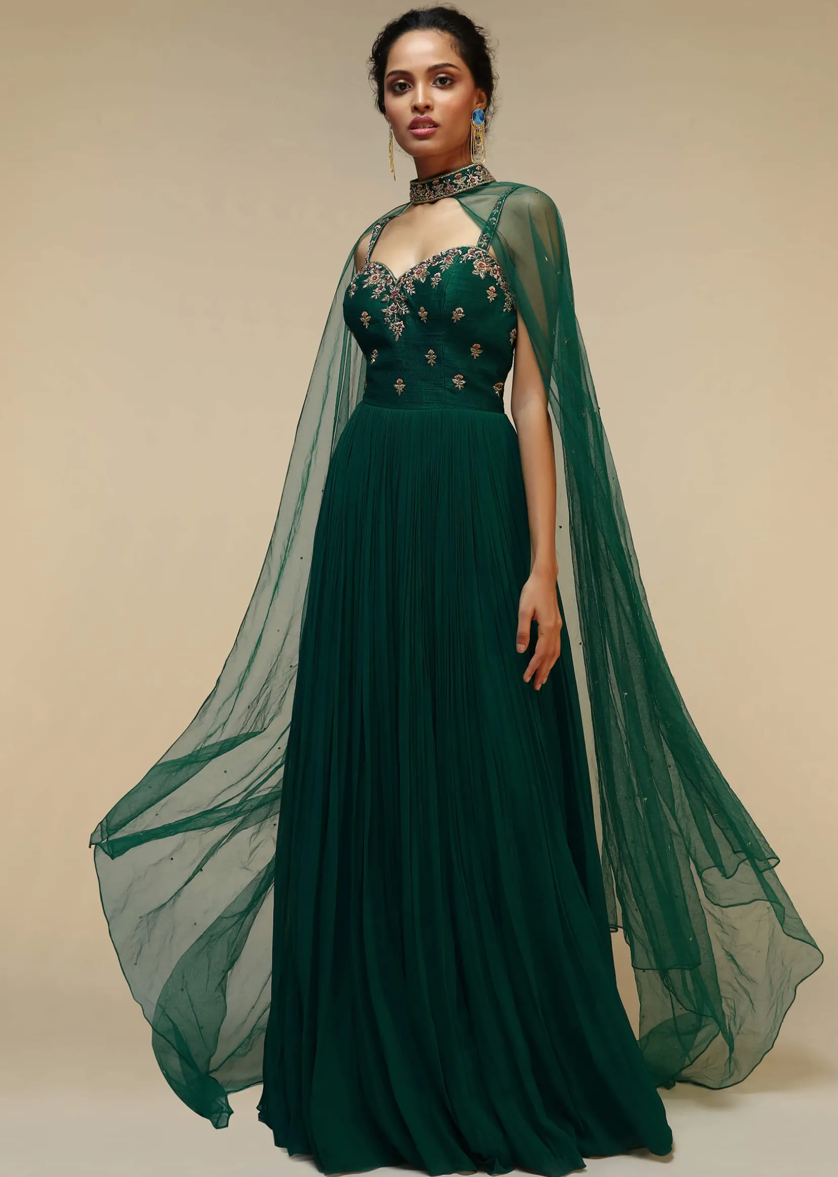 Bottle Green Anarkali Gown With Hand Embroidered Floral Design Using Multi Colored Sequins And Cut Dana Work