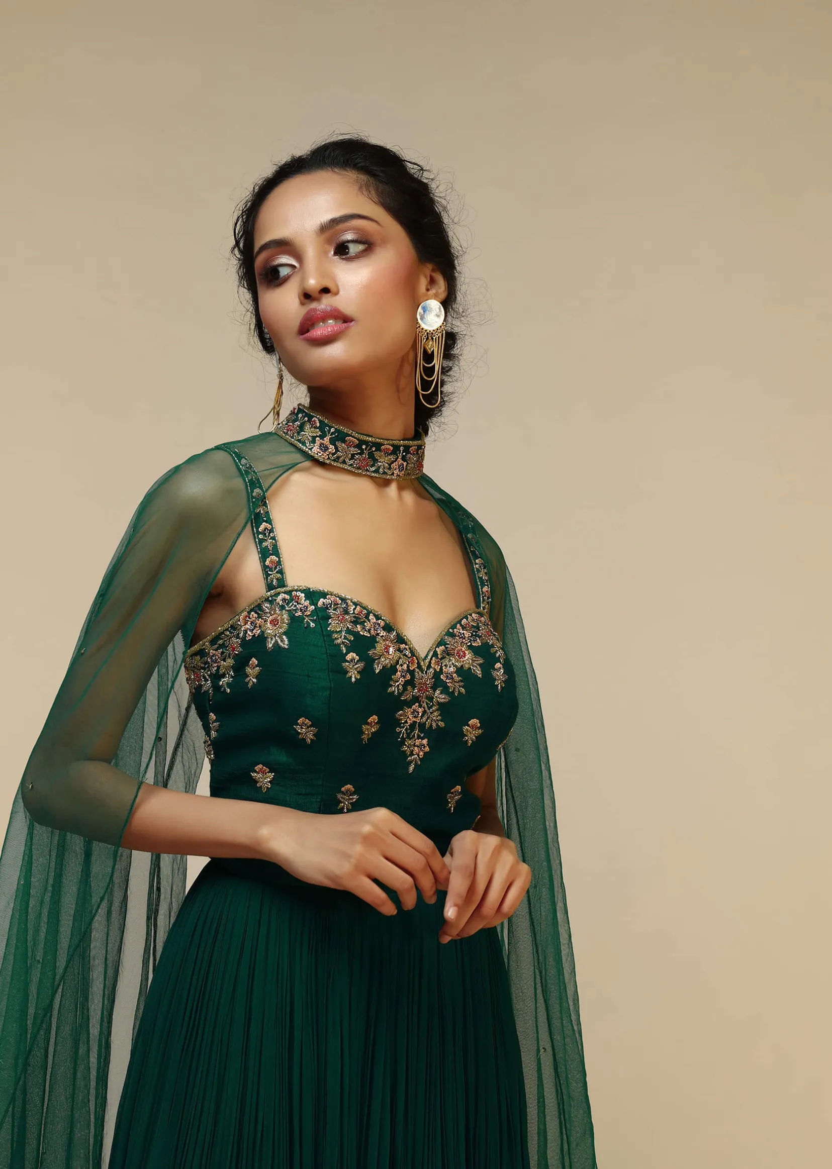 Bottle Green Anarkali Gown With Hand Embroidered Floral Design Using Multi Colored Sequins And Cut Dana Work