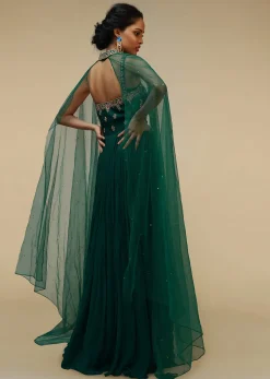 Bottle Green Anarkali Gown With Hand Embroidered Floral Design Using Multi Colored Sequins And Cut Dana Work