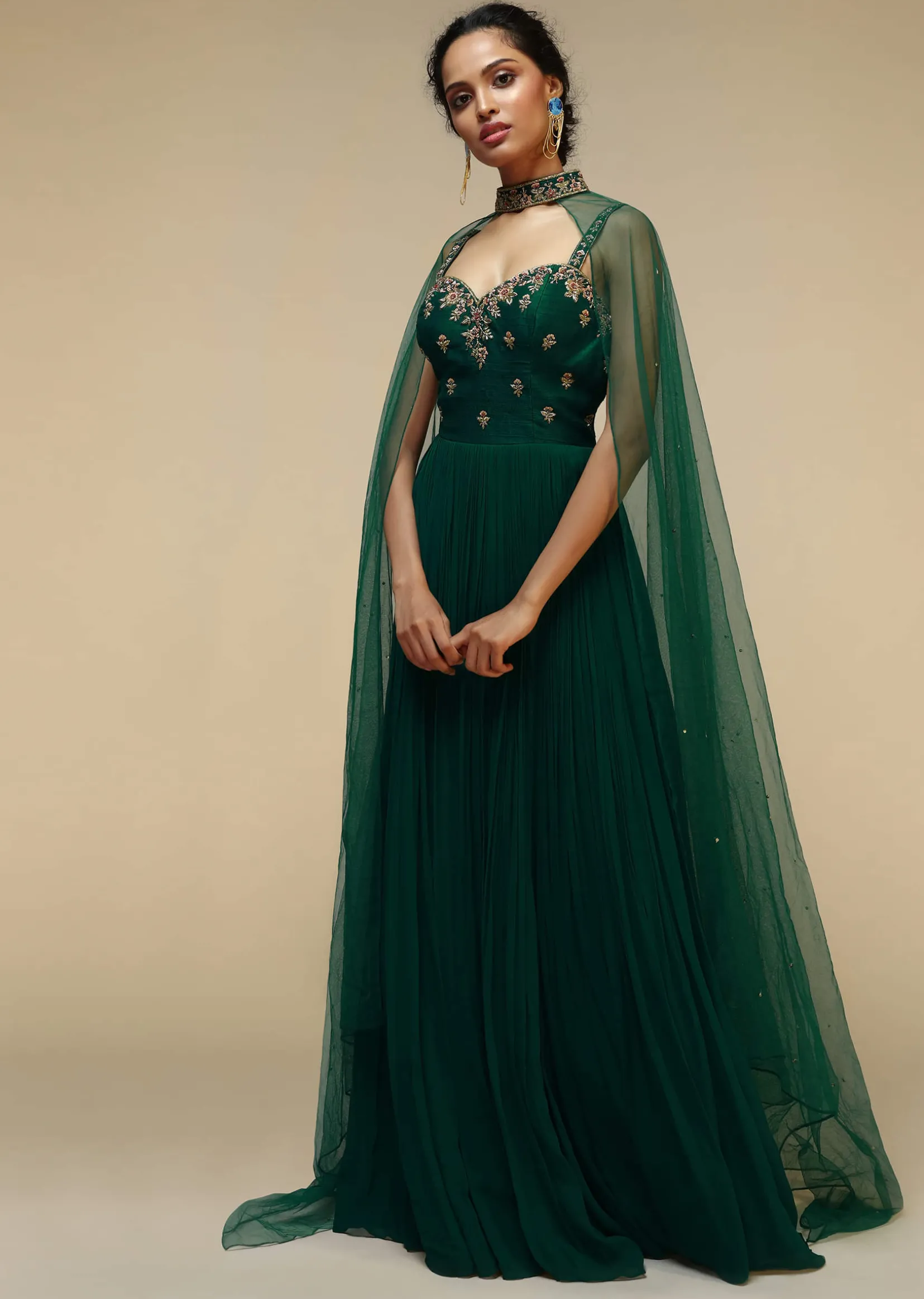 Bottle Green Anarkali Gown With Hand Embroidered Floral Design Using Multi Colored Sequins And Cut Dana Work