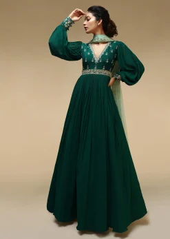 Bottle Green Anarkali Suit With Balloon Sleeves And Hand Embroidered Buttis Using Multi Colored Sequins And Beads