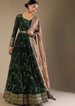 Bottle Green Anarkali Suit In Silk With Zari And Sequins Embroidered Floral Jaal And A Beige Organza Dupatta