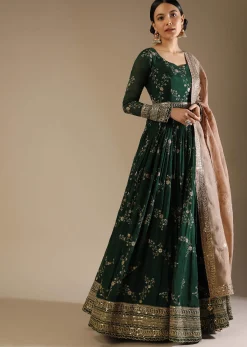 Bottle Green Anarkali Suit In Silk With Zari And Sequins Embroidered Floral Jaal And A Beige Organza Dupatta