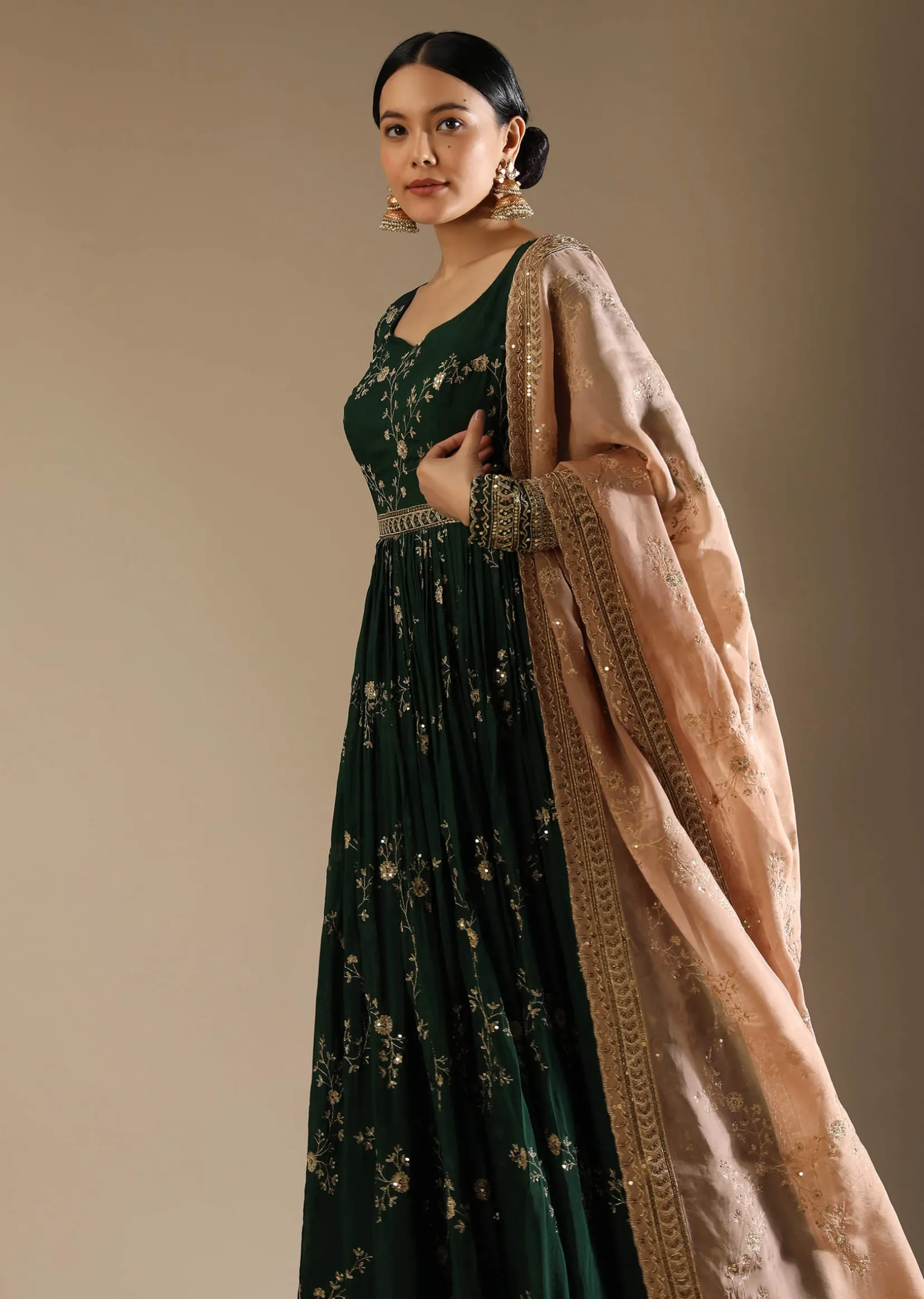 Bottle Green Anarkali Suit In Silk With Zari And Sequins Embroidered Floral Jaal And A Beige Organza Dupatta