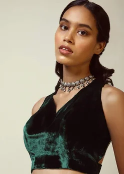 Bottle Green Blouse In Velvet With Halter Straps And Sweetheart Neckline
