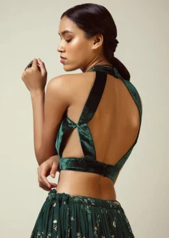 Bottle Green Blouse In Velvet With Halter Straps And Sweetheart Neckline