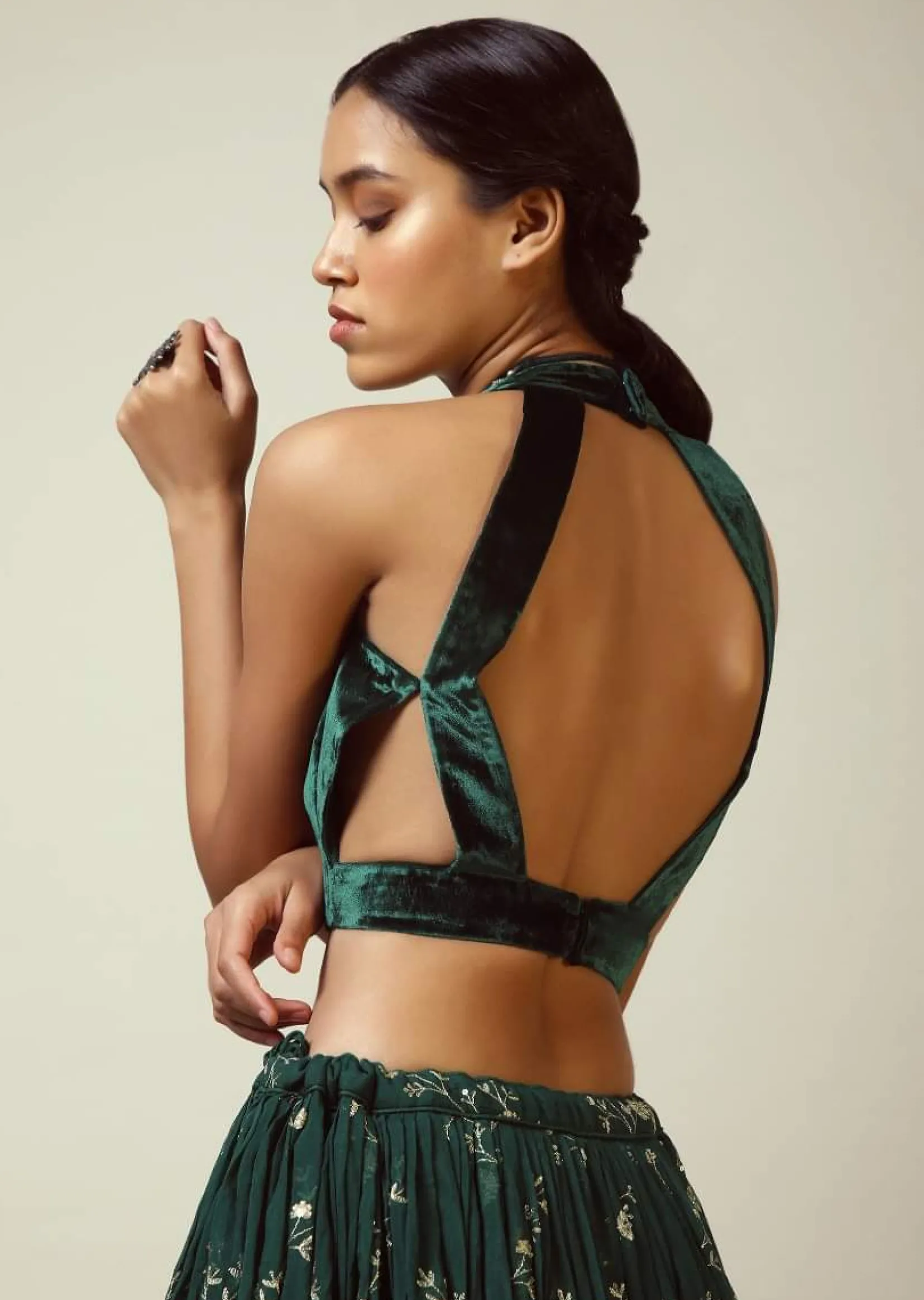 Bottle Green Blouse In Velvet With Halter Straps And Sweetheart Neckline