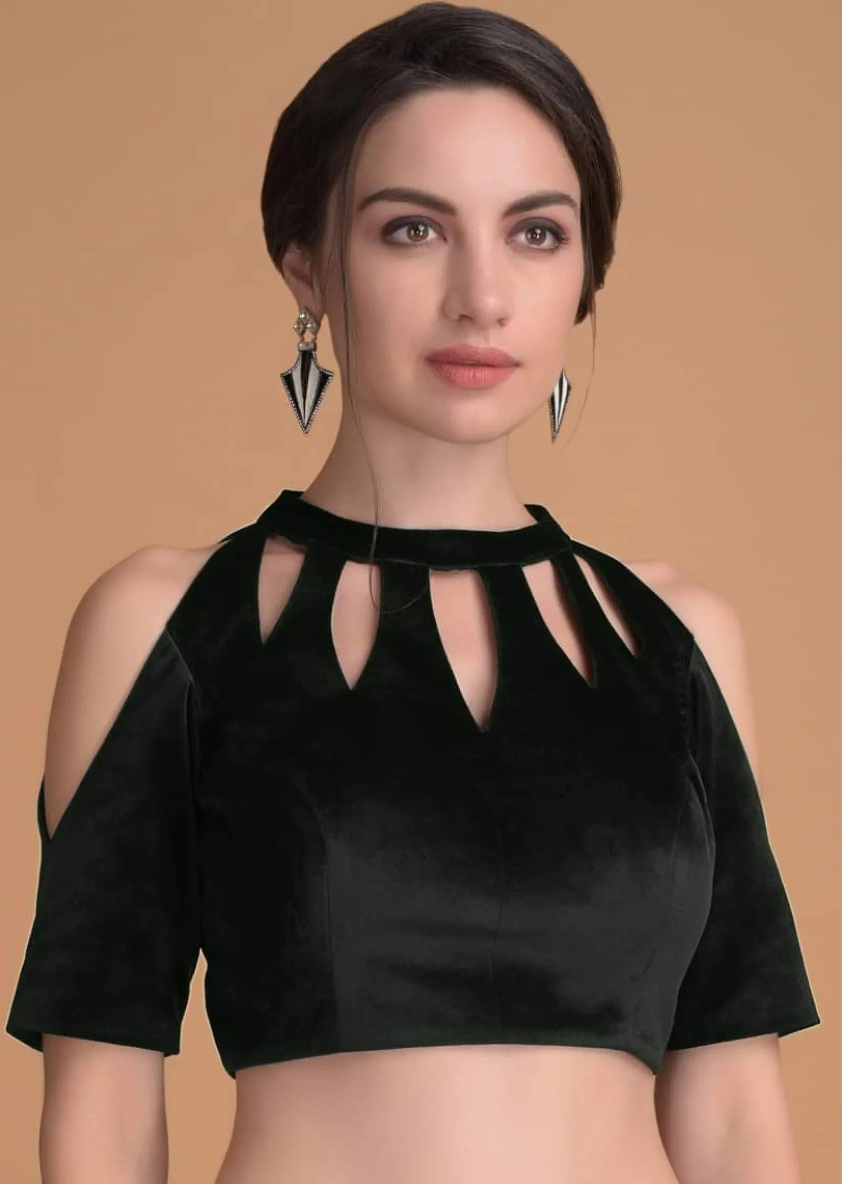 Bottle Green Blouse In Velvet With Cut Out On The Neckline
